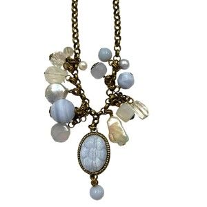 Vintage Stephen Dweck Bronze Metal Blue Lace Agate Medium Stone Necklace